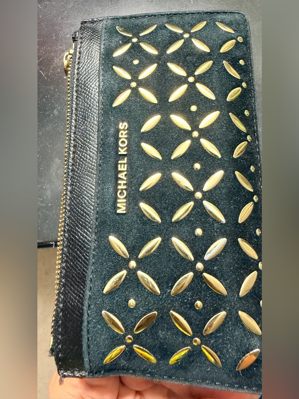 Michael Kors Black Suede wallet with Gold Stud Accents